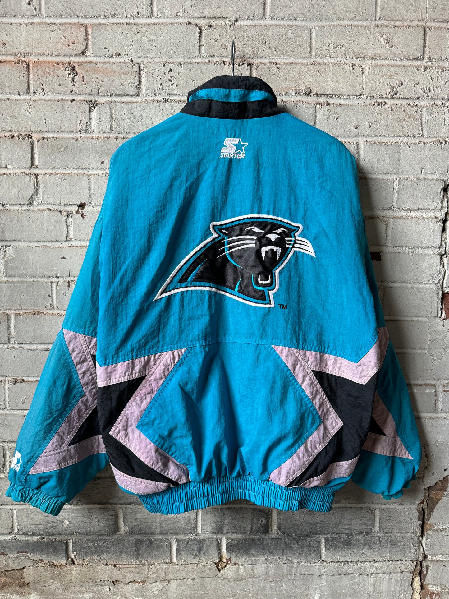 90’s Carolina Panthers Vintage Electric Blue Starter Star Print NFL Puffer Jacket (Medium)