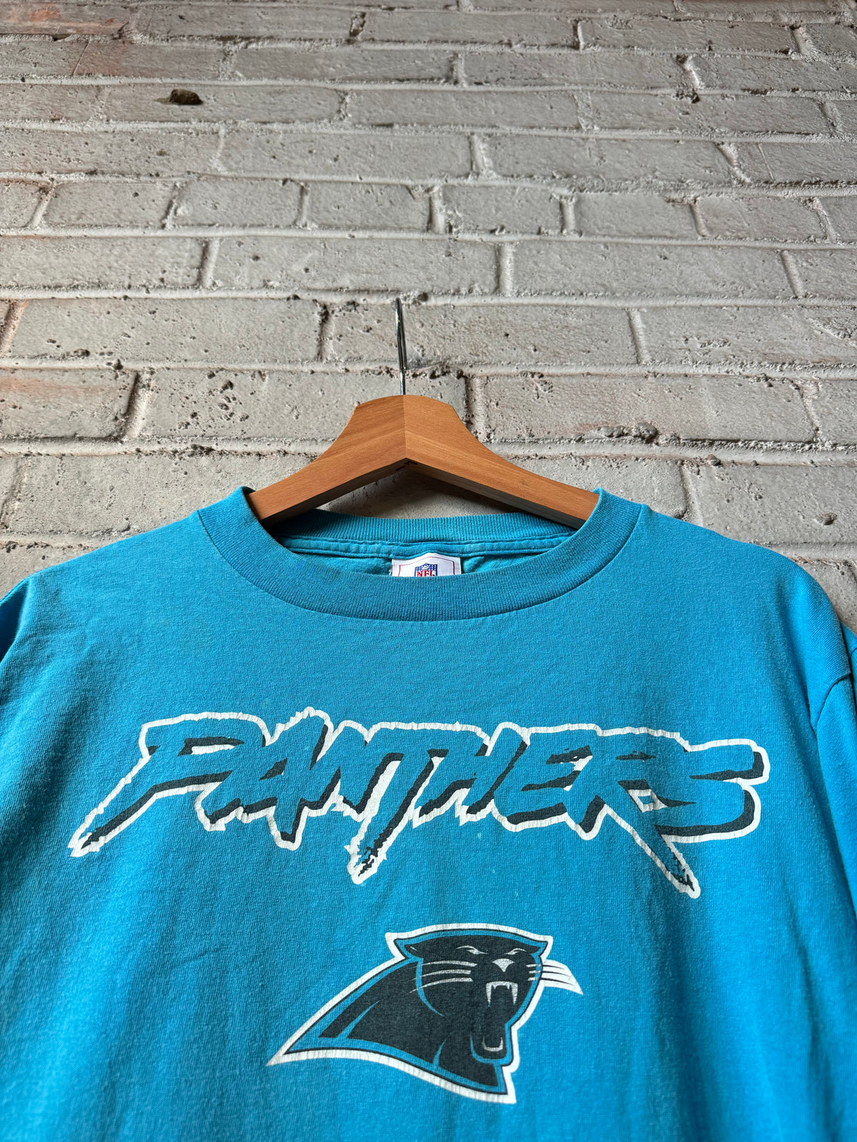 00’s Carolina Panthers Vintage Blue Cat Scratch Font Spellout NFL Longsleeve Tee (Medium)