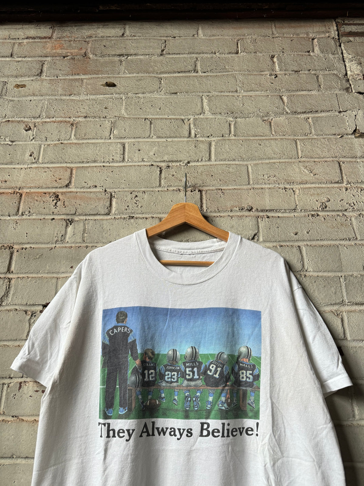 1996 Carolina Panthers “They Always Believe!” Vintage White Caricature NFL Tee (XL)