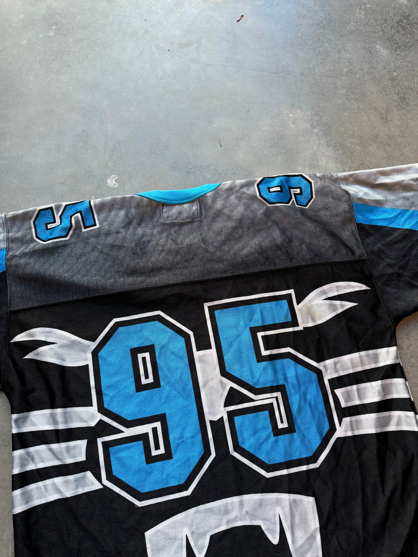 90’s Carolina Panthers Vintage Starter Big Cat Face Logo All Over Print NFL Jersey (Large)