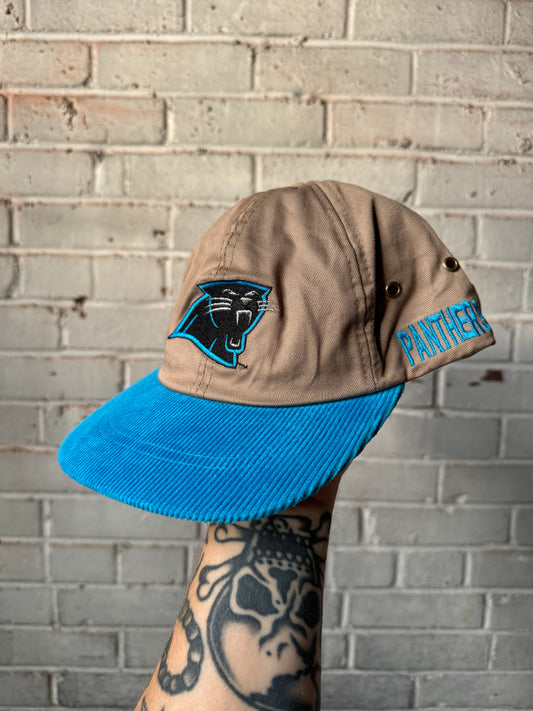 90’s Carolina Panthers Vintage Khaki/Blue Corduroy Spellout Strapback NFL Hat - Deadstock (OSFA)