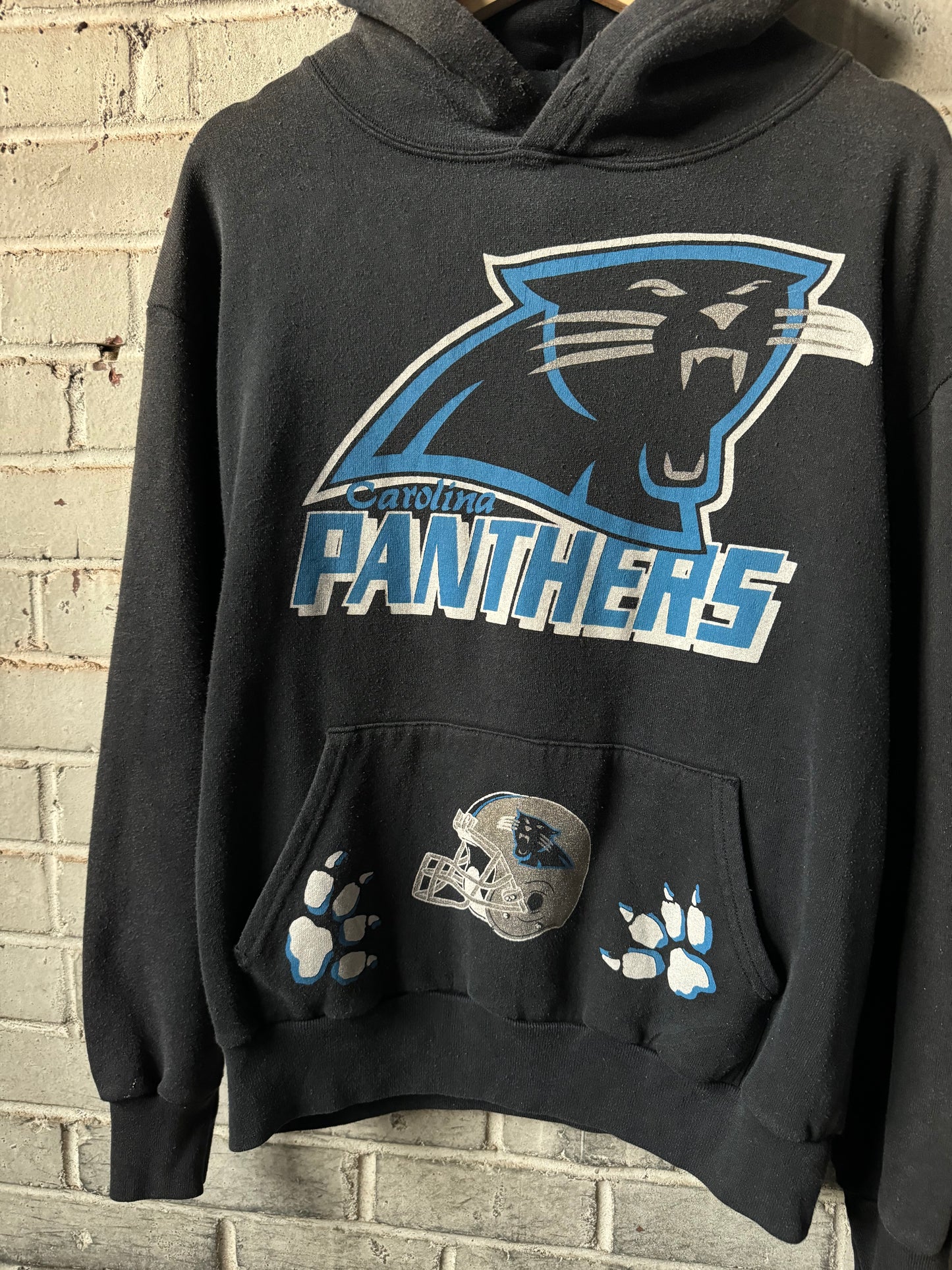 1993 Carolina Panthers Vintage Black Paw Prints NFL Expansion Era Big Logo Hoodie (Medium)