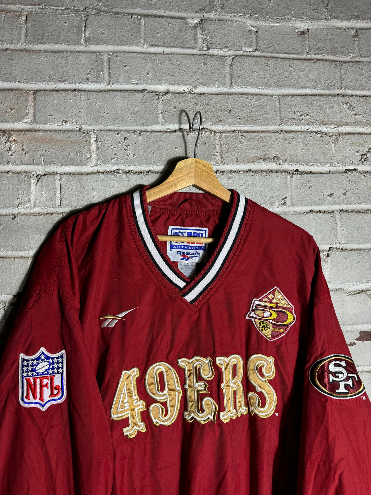 1996 San Francisco 49ers 50th Season Anniversary Patch Vintage Red Reebok NFL Pro Line Sideline Pullover Jacket (Large)