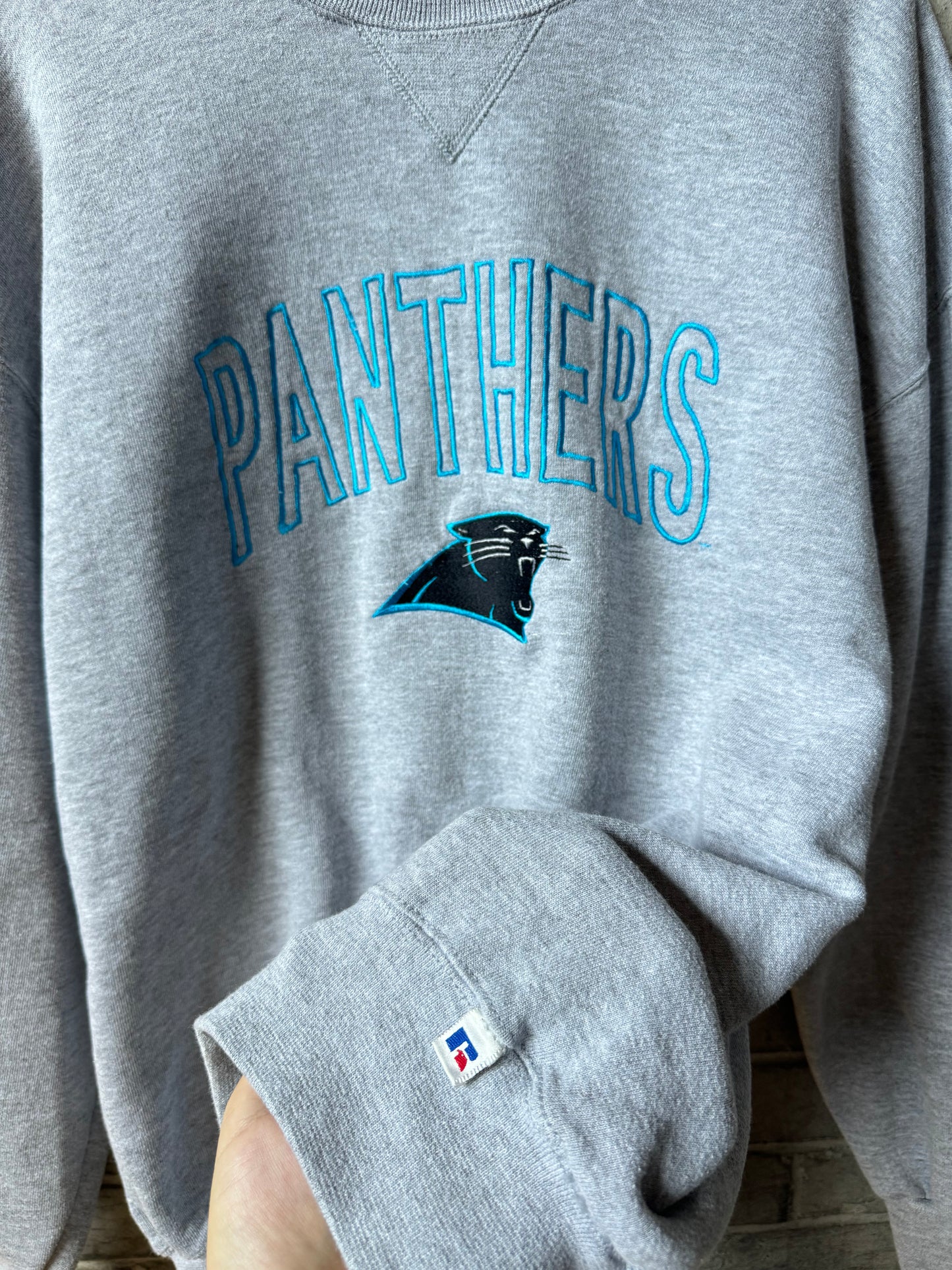 90’s Carolina Panthers Vintage Grey Russell Athletic Embroidered NFL Crewneck (XL)