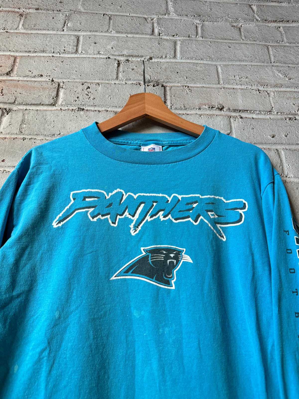 00’s Carolina Panthers Vintage Blue Cat Scratch Font Spellout NFL Longsleeve Tee (Medium)