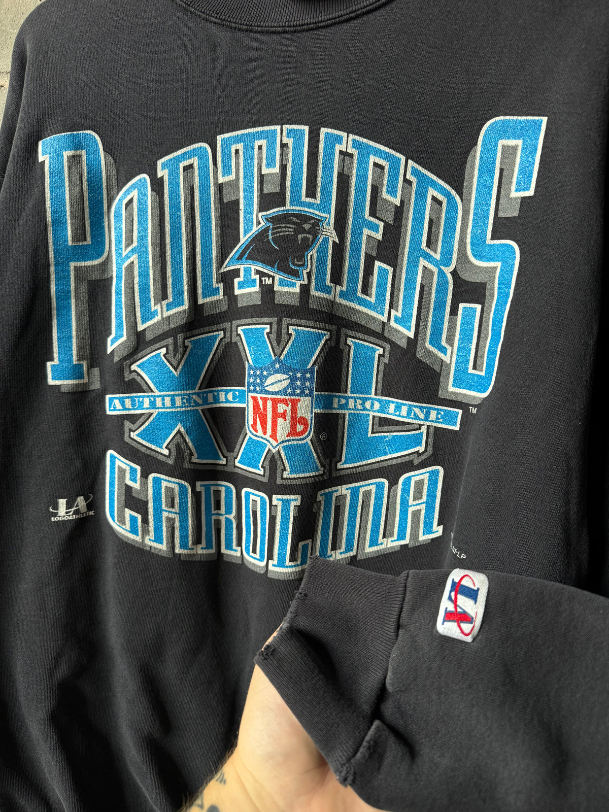 1993 Carolina Panthers Vintage Black Logo Athletic Heavyweight NFL Crewneck (Medium)