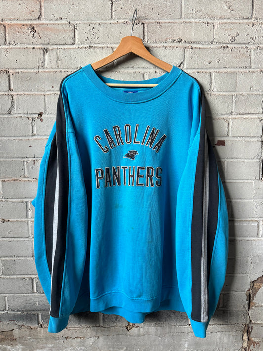 00’s Carolina Panthers Vintage Reebok Heavyweight Distressed Striped NFL Crewneck (XXL)