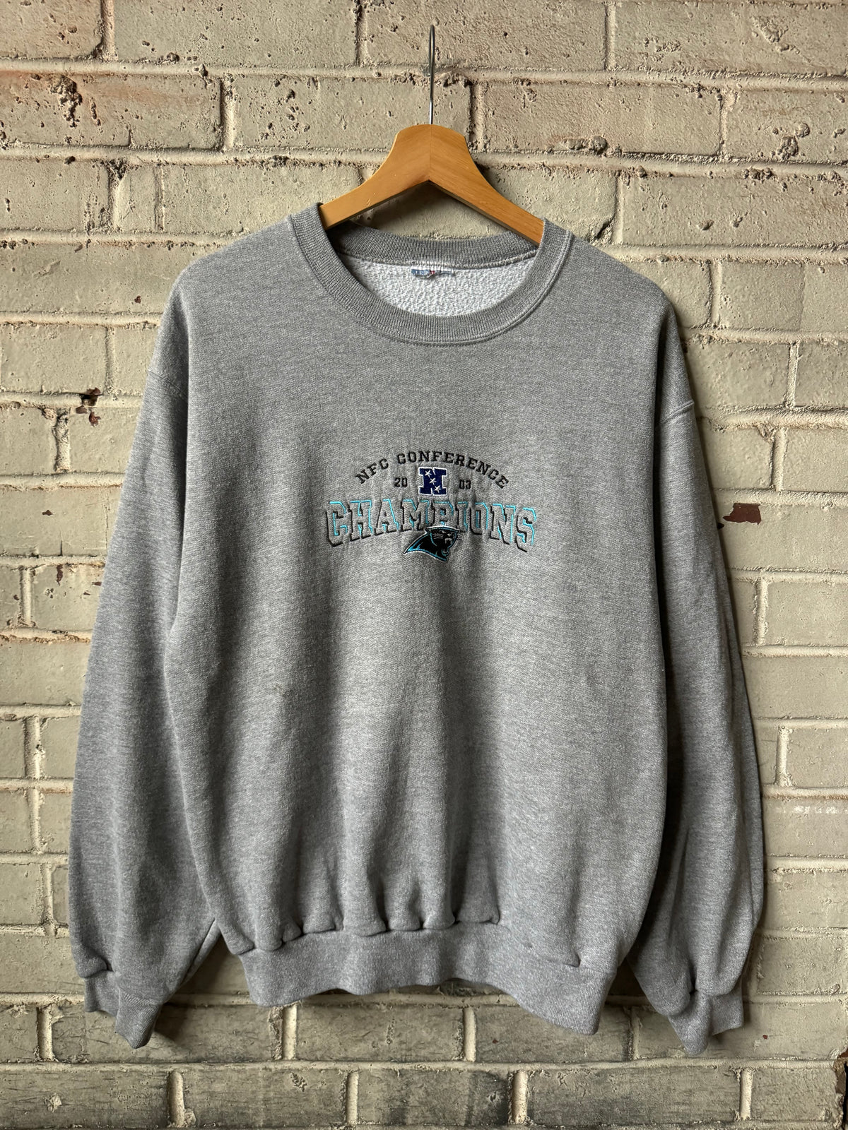 2003 Carolina Panthers Vintage Grey NFC Champions Embroidered NFL Crewneck (Medium)