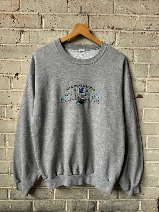 2003 Carolina Panthers Vintage Grey NFC Champions Embroidered NFL Crewneck (Medium)
