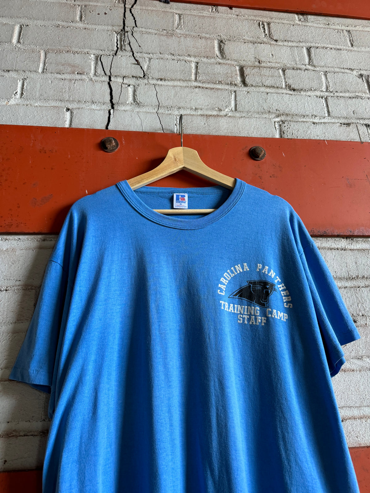 90’s Carolina Panthers Vintage Light Blue Training Camp Staff Russell Athletic NFL Tee (XL)