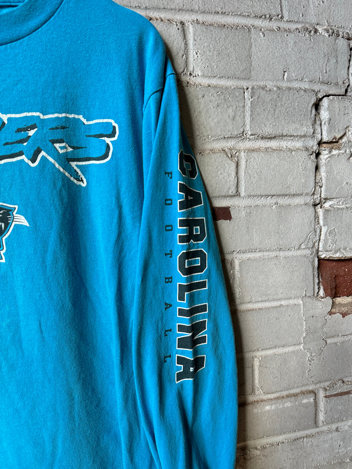 00’s Carolina Panthers Vintage Blue Cat Scratch Font Spellout NFL Longsleeve Tee (Medium)
