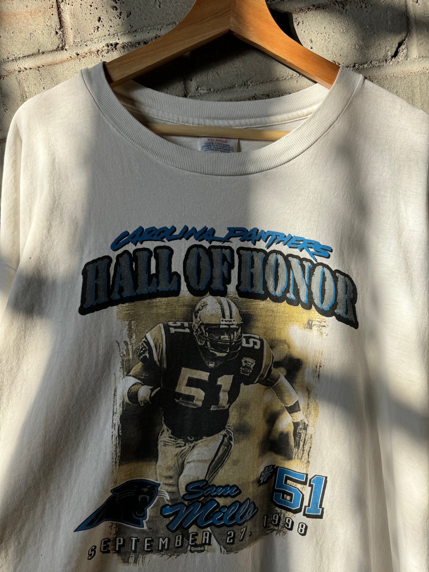 1998 Carolina Panthers Sam Mills Hall Of Honor Vintage White Champion NFL Tee (XXL)