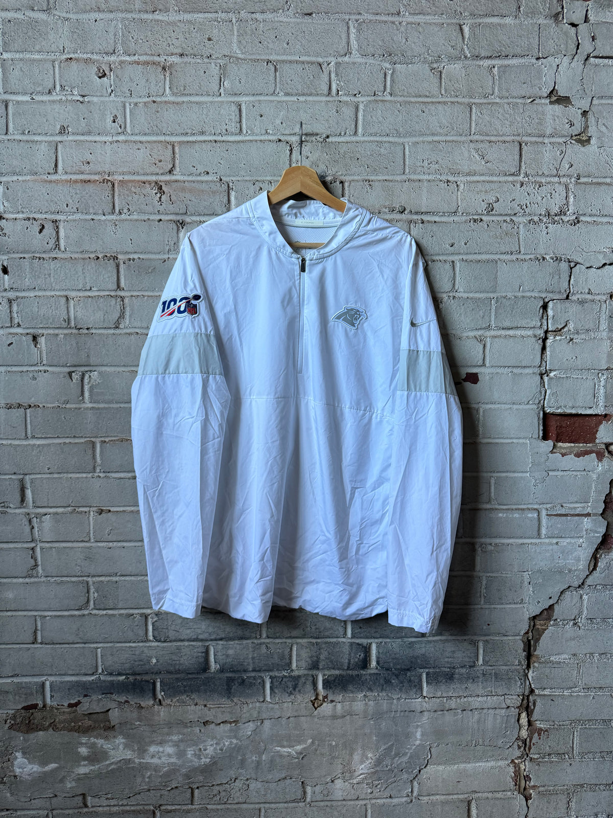2019 Carolina Panthers White/Silver 100th NFL Season Patch Nike Half Zip Team Issued Sideline Jacket (Large)