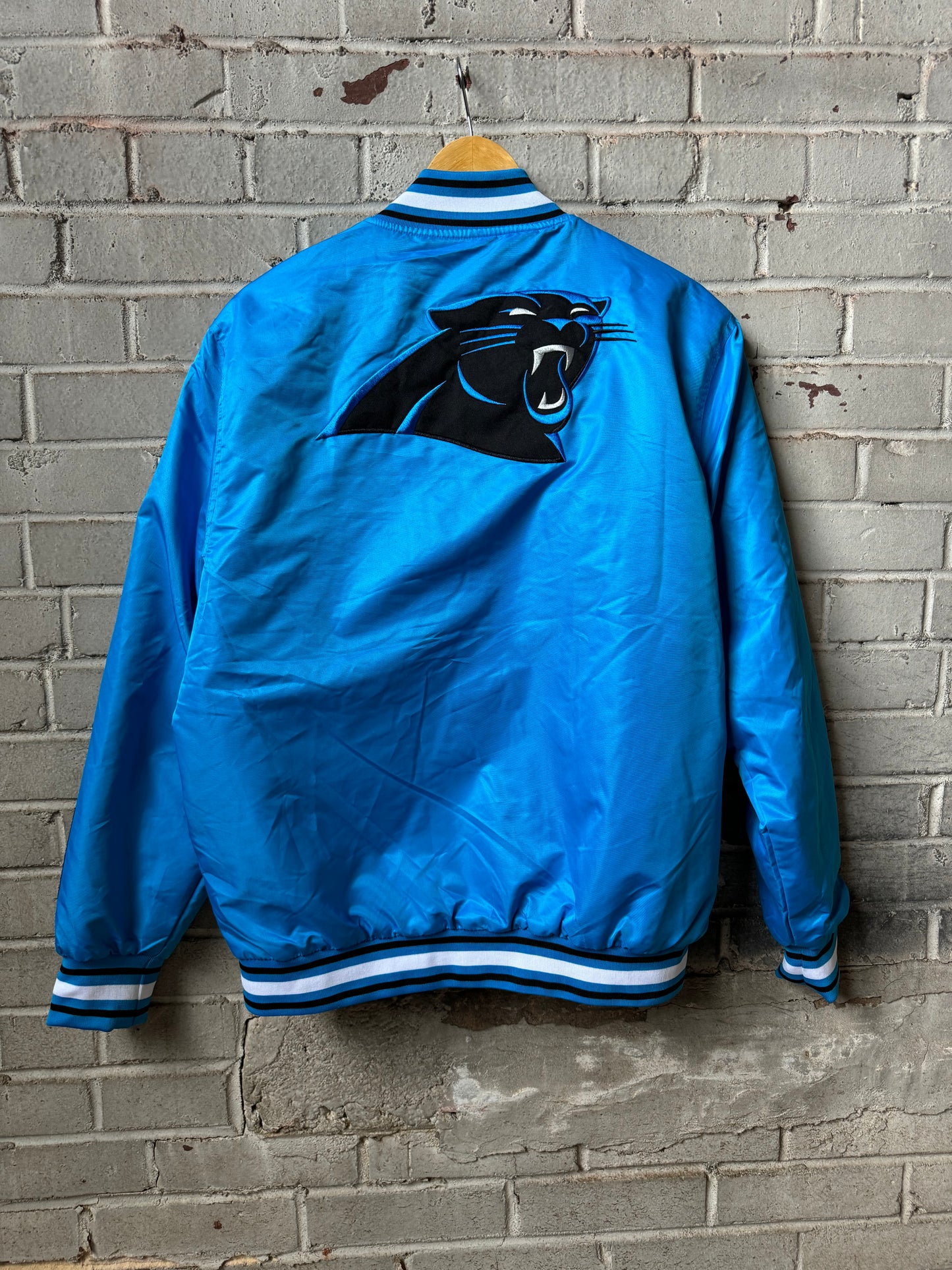 Carolina Panthers Blue Ultra Game Embroidered Logo NFL Satin Jacket (Medium)