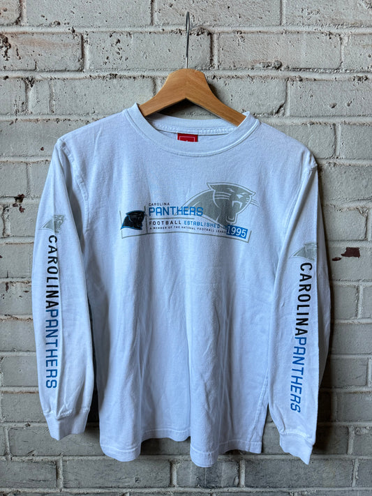 00’s Carolina Panthers Vintage White NFL Spellout Longsleeve Tee (Youth Medium)