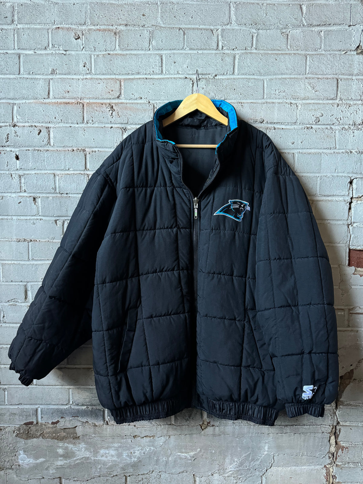 90’s Carolina Panthers Vintage Black Starter Reversible Quilted Nylon NFL Puffer Jacket (XXL)