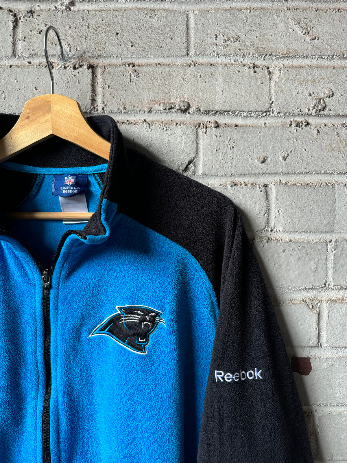 00’s Carolina Panthers Vintage Blue Black Fleece Reebok NFL Full Zip Jacket (Medium)