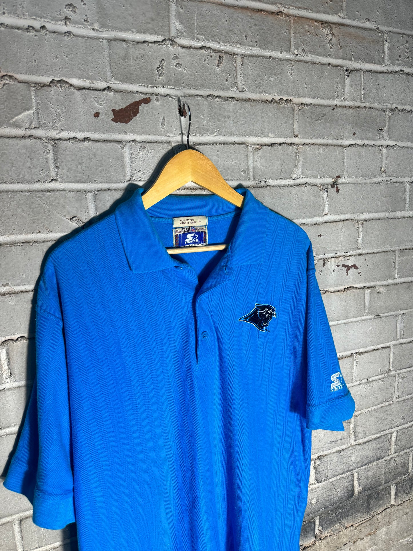 90’s Carolina Panthers Vintage Blue Starter Herringbone Tonal Striped NFL Polo Collared Shirt (Large)