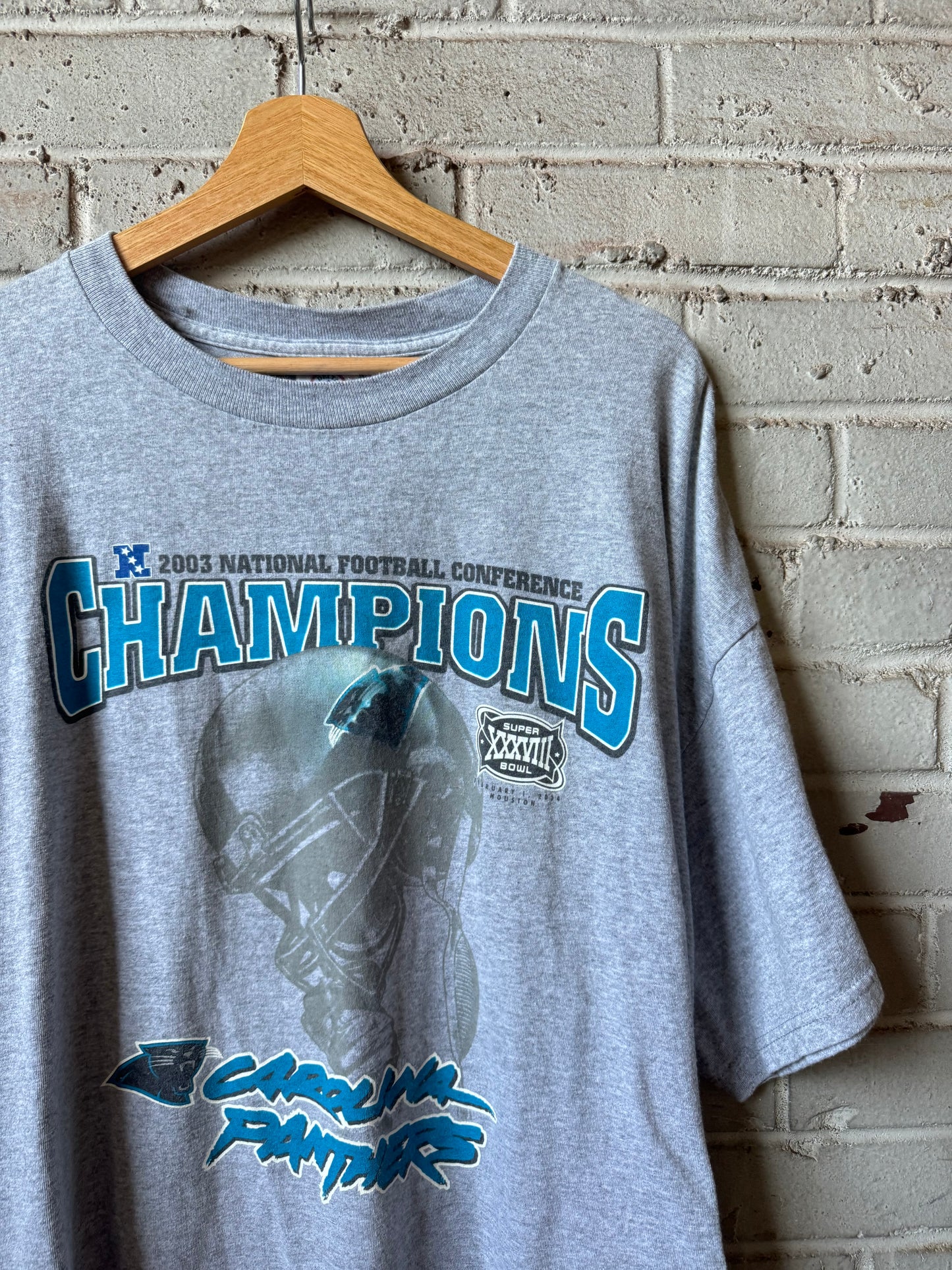 2003 Carolina Panthers Vintage Grey Cat Scratch Font NFC Champions Super Bowl XXXVIII NFL Tee (XXL)
