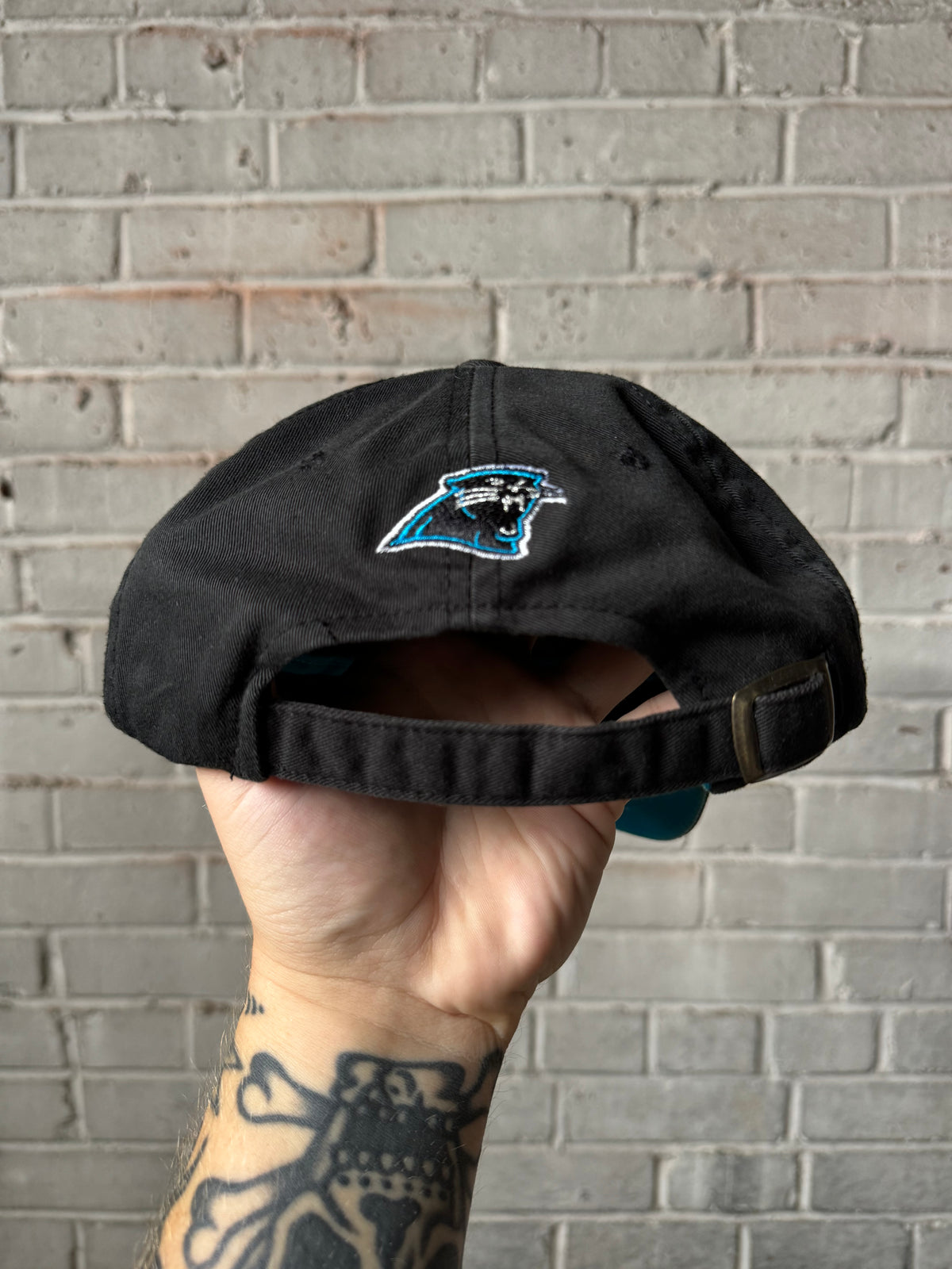 00’s Carolina Panthers Vintage Black Reebok Spellout NFL Strapback Hat (OSFA)