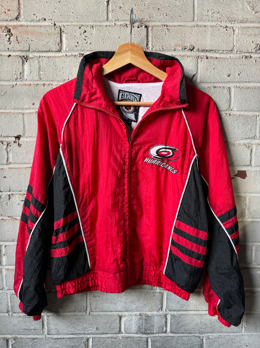 90’s Carolina Hurricanes Vintage Red Black NHL Word Mark Spellout Windbreaker Jacket (Youth Medium)