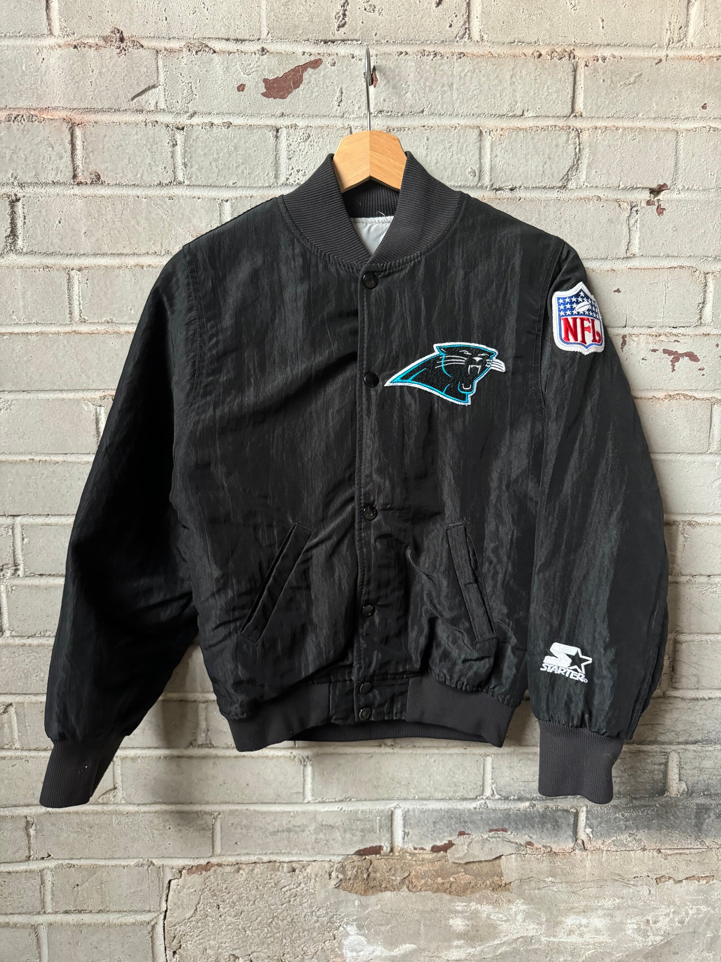 1993 Carolina Panthers Vintage Black Starter Full Snap NFL Satin Jacket (Youth Small)