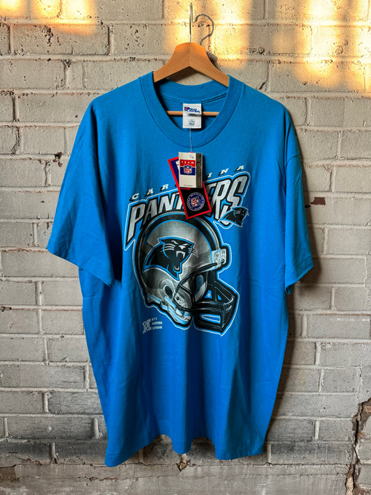90’s Carolina Panthers Vintage Blue Pro Player Silver Foil Helmet NFL Spellout Tee - Deadstock (XL)
