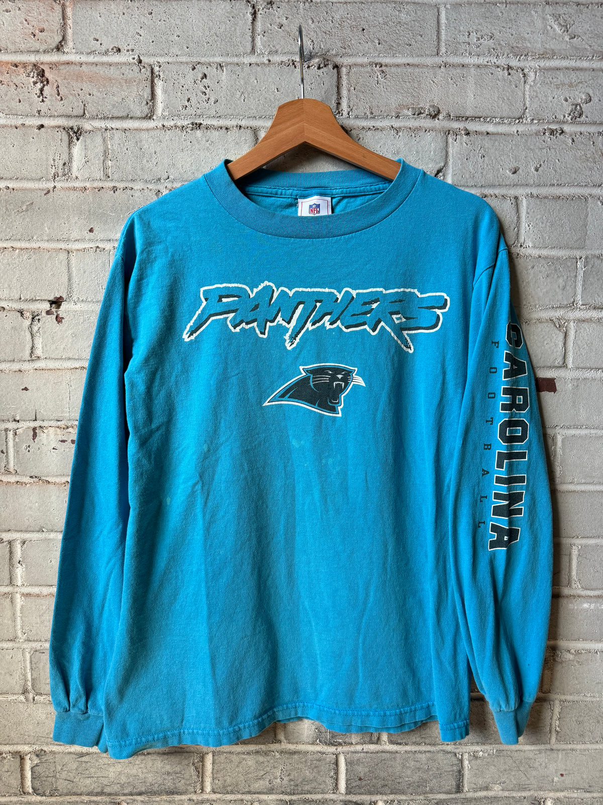 00’s Carolina Panthers Vintage Blue Cat Scratch Font Spellout NFL Longsleeve Tee (Medium)
