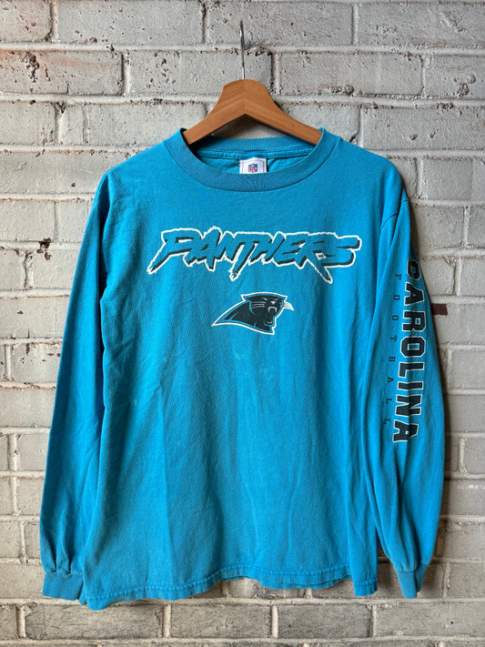 00’s Carolina Panthers Vintage Blue Cat Scratch Font Spellout NFL Longsleeve Tee (Medium)
