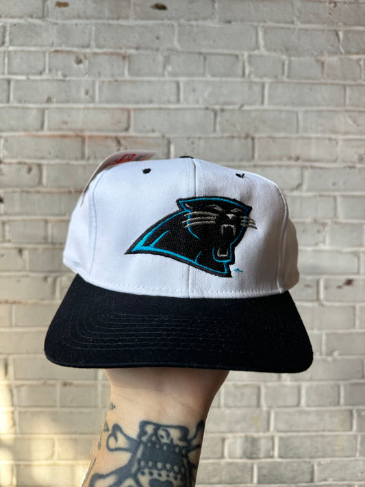 90’s Carolina Panthers Vintage White/Black Big Logo NFL Sideline Style Snapback Hat - Deadstock (OSFA)