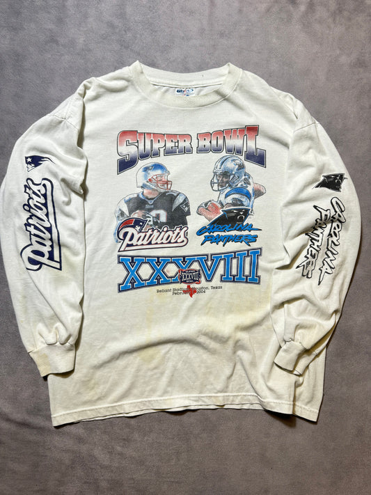 2004 Carolina Panthers vs. New England Patriots Super Bowl XXXVIII Tom Brady Steve Smith Parking Lot NFL Longsleeve Tee (XL)