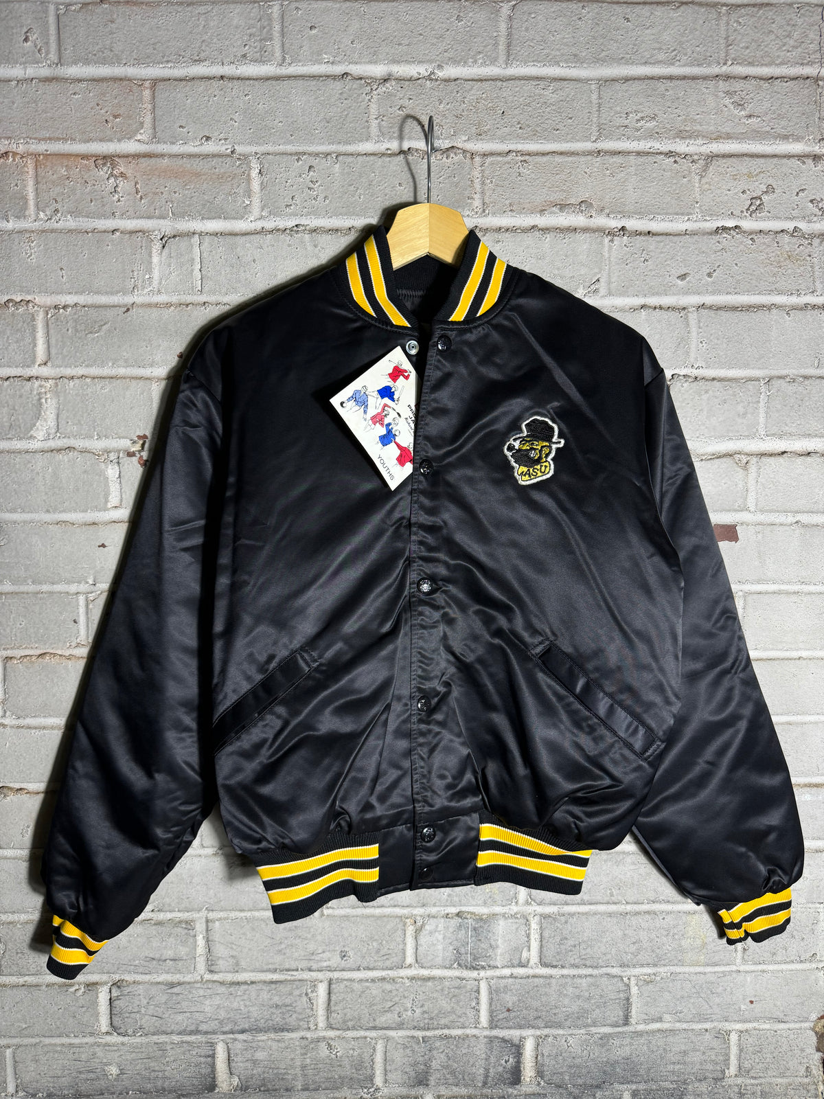 80’s Appalachian State University Mountaineers Vintage Black Yosef Mascot Logo College Satin Jacket - Deadstock (Small)