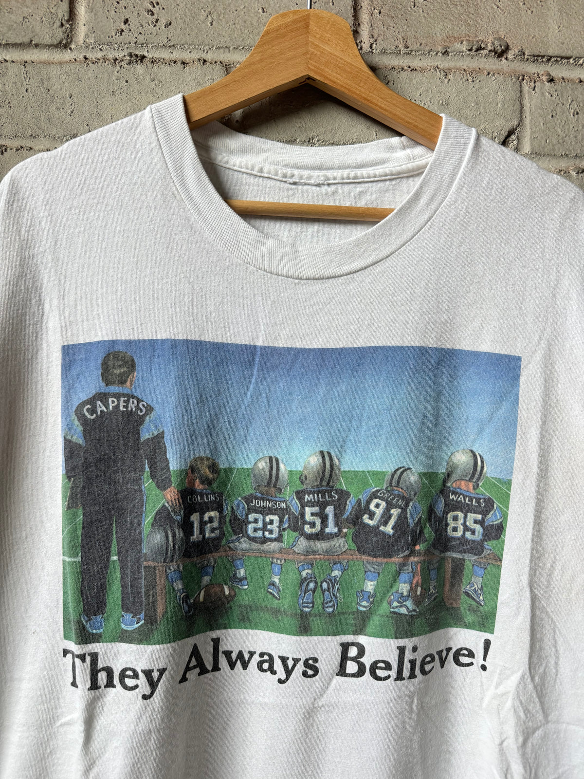 1996 Carolina Panthers “They Always Believe!” Vintage White Caricature NFL Tee (XL)
