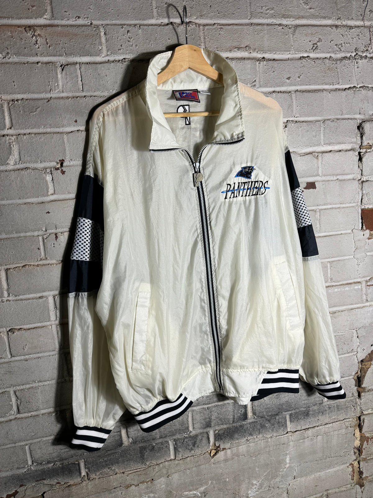 90’s Carolina Panthers Vintage White Pro Player Sleeve Striped NFL Windbreaker Jacket (Large)