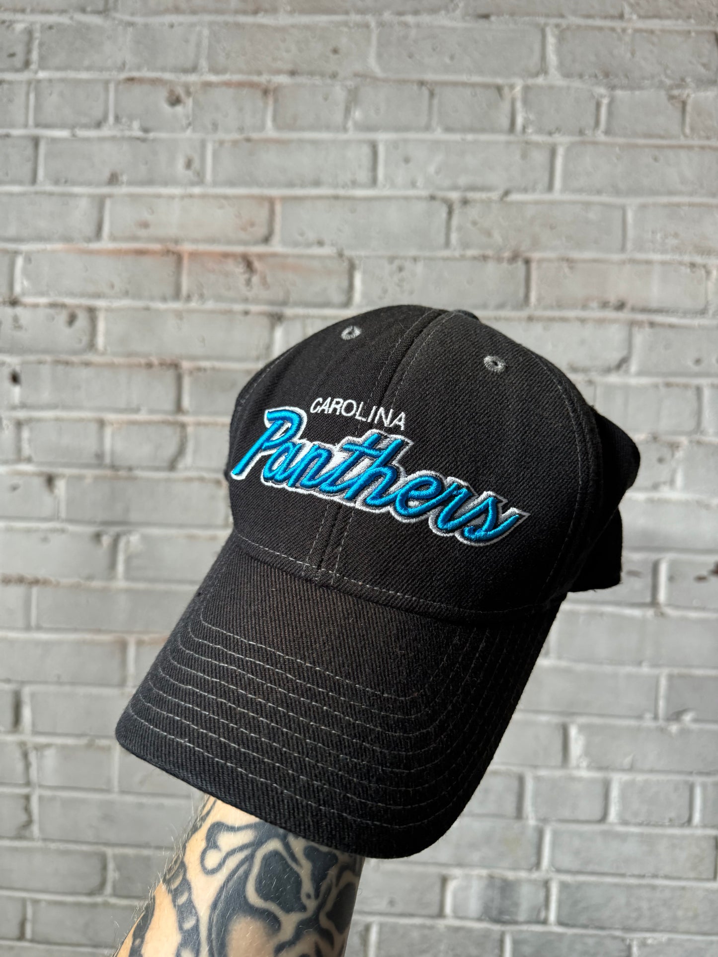 00’s Carolina Panthers Vintage Black Reebok NFL Script Strapback Hat (OSFA)