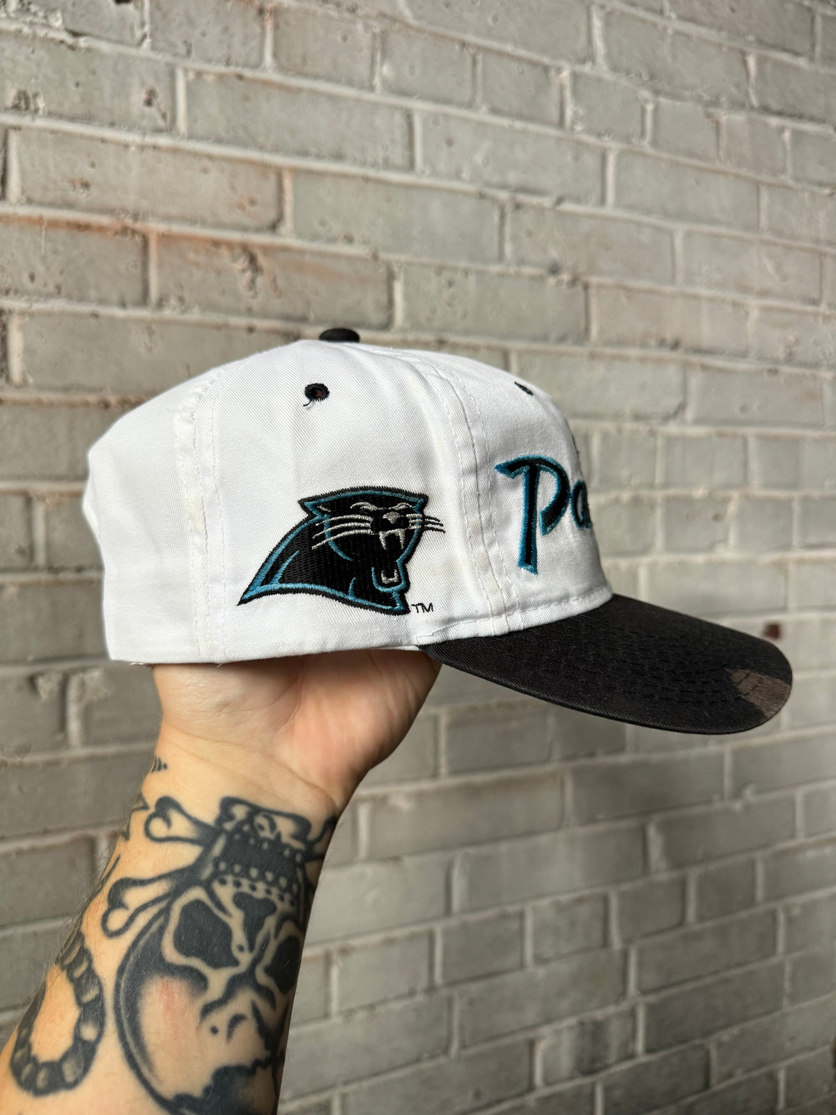 90’s Carolina Panthers Vintage White Sports Specialties Script Sideline Snapback Hat (OSFA)