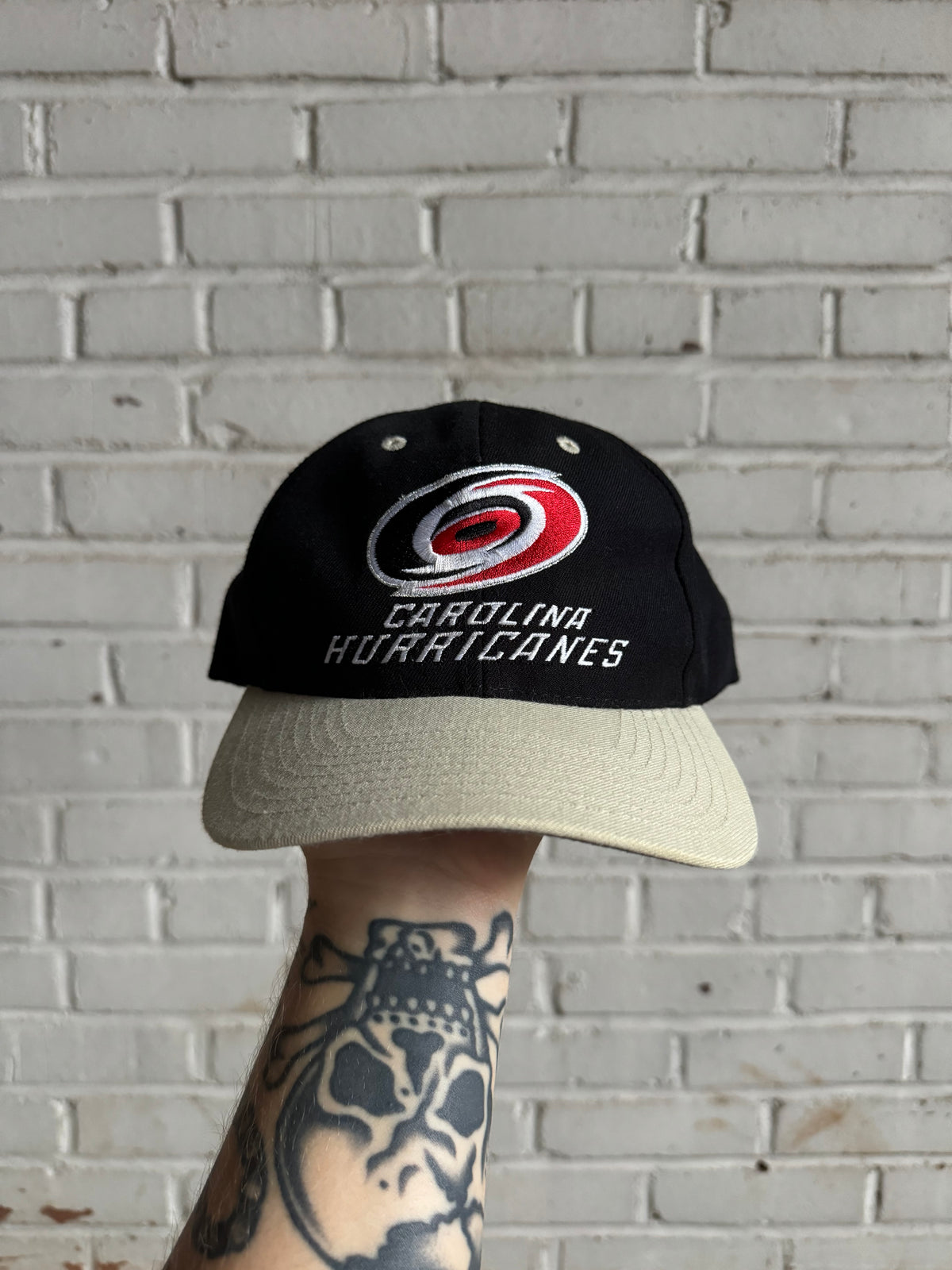 90’s Carolina Hurricanes Vintage Black Cream Original Wordmark NHL Snapback Hat - Deadstock (OSFA)