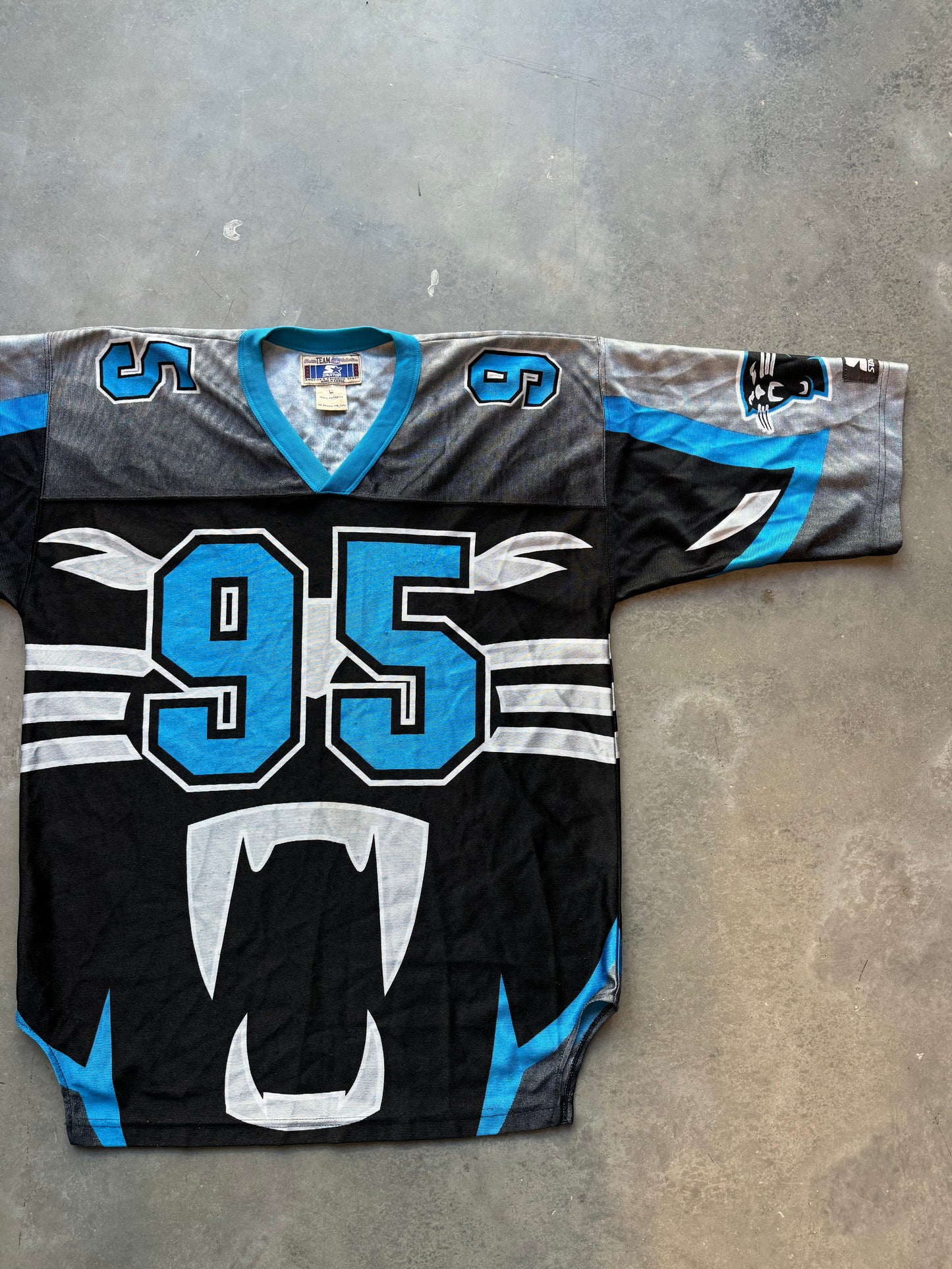 90’s Carolina Panthers Vintage Starter Big Cat Face Logo All Over Print NFL Jersey (Large)