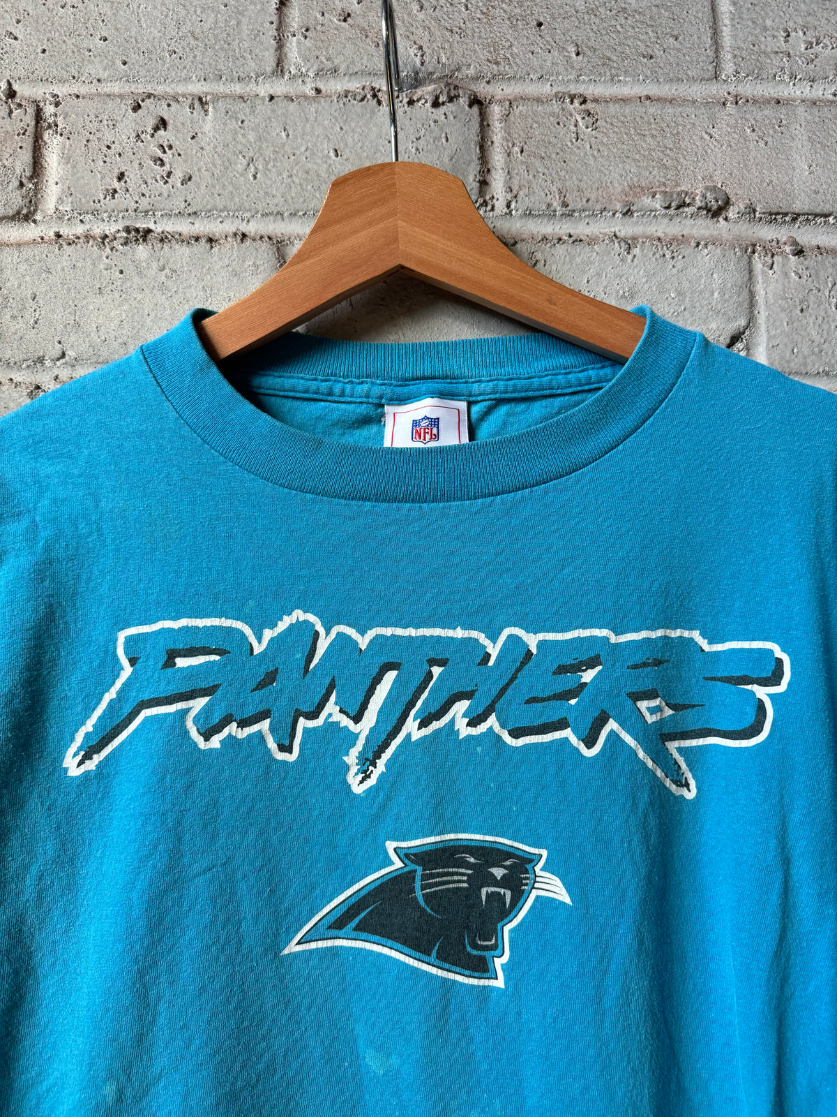 00’s Carolina Panthers Vintage Blue Cat Scratch Font Spellout NFL Longsleeve Tee (Medium)