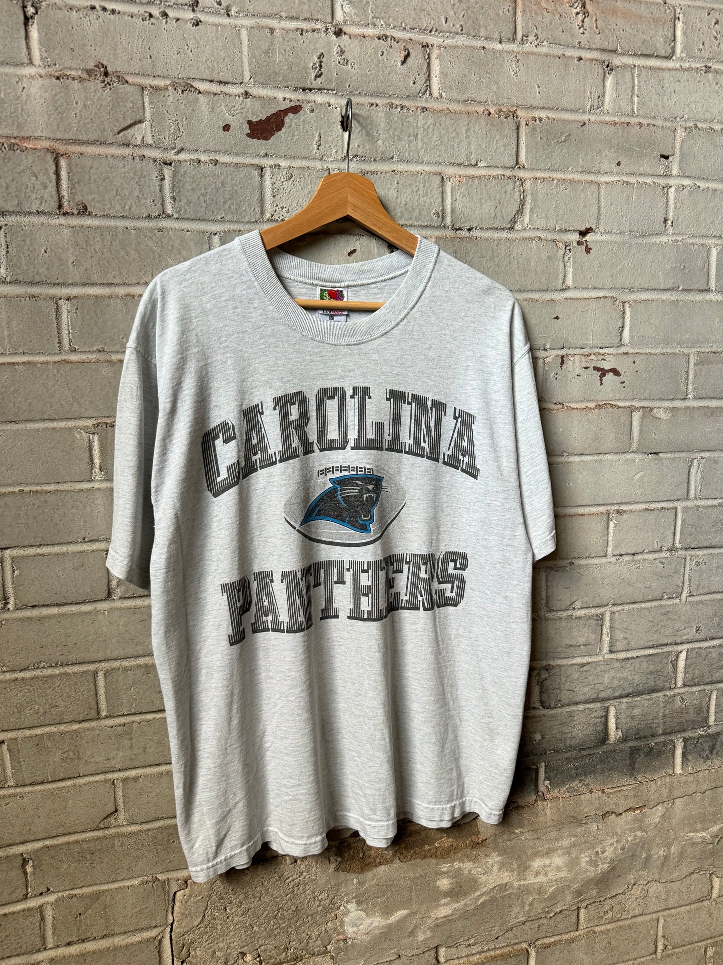 90’s Carolina Panthers Vintage Heather Grey Arch Spellout NFL Tee (Large)