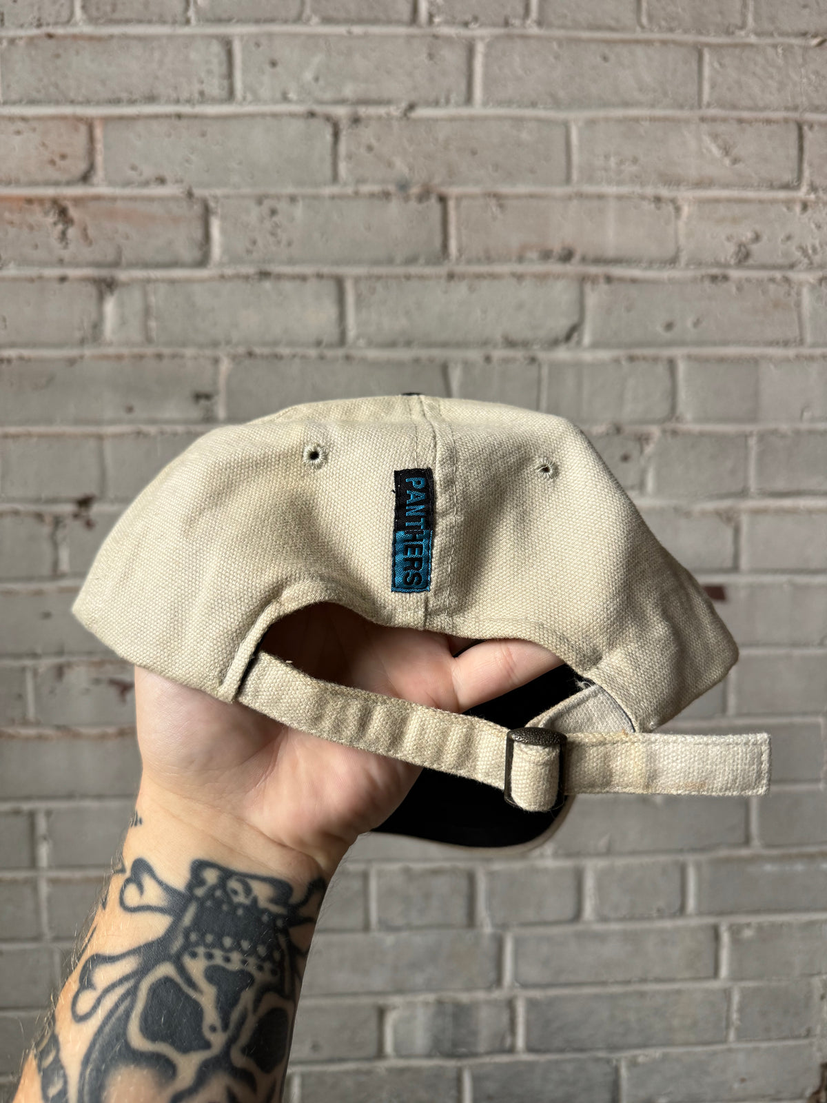 90’s Carolina Panthers Vintage Khaki Oval Logo Strapback Hat (OSFA)