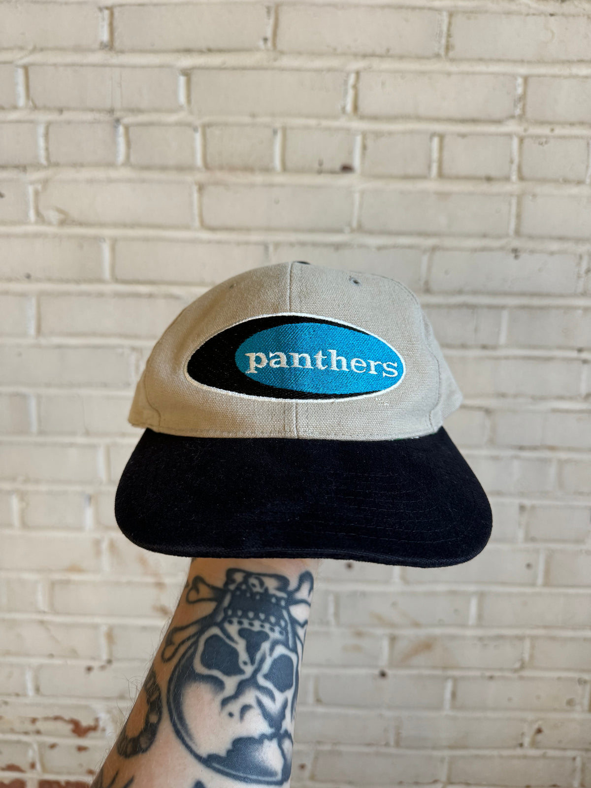 90’s Carolina Panthers Vintage Tan Oval Logo Spellout American Needle Strapback NFL Hat (OSFA)