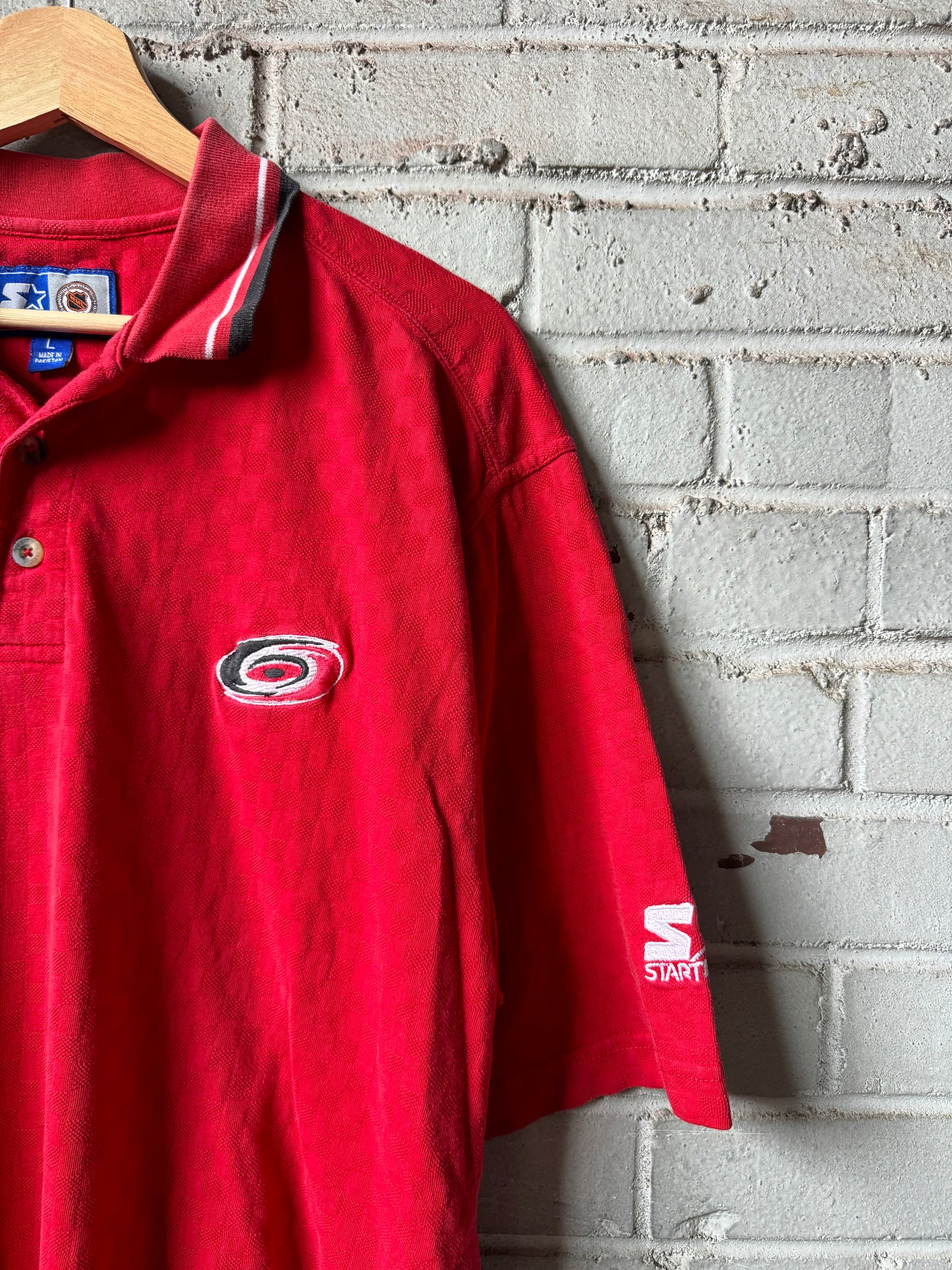 90’s Carolina Hurricanes Vintage Red Starter Tonal Checkered Print NHL Polo Collared Shirt (Large)