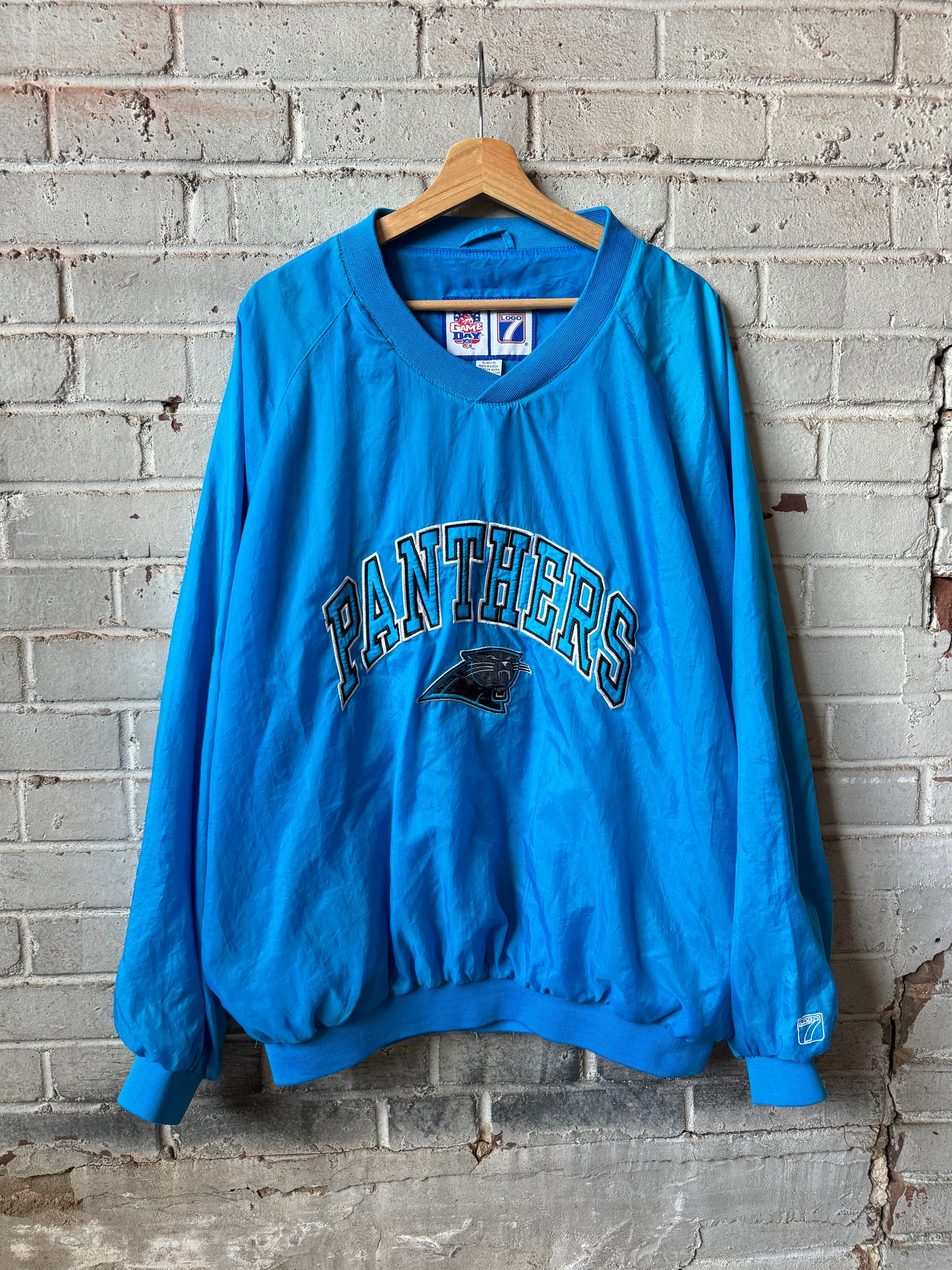 90’s Carolina Panthers Vintage Electric Blue Logo 7 Embroidered NFL Pullover Jacket (XL)