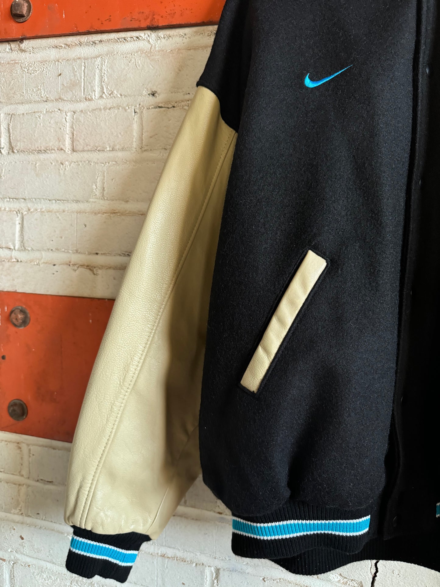 1999 Carolina Panthers Vintage Nike Cat Scratch Font Heavyweight Genuine Leather Sideline Varsity Jacket (XL)