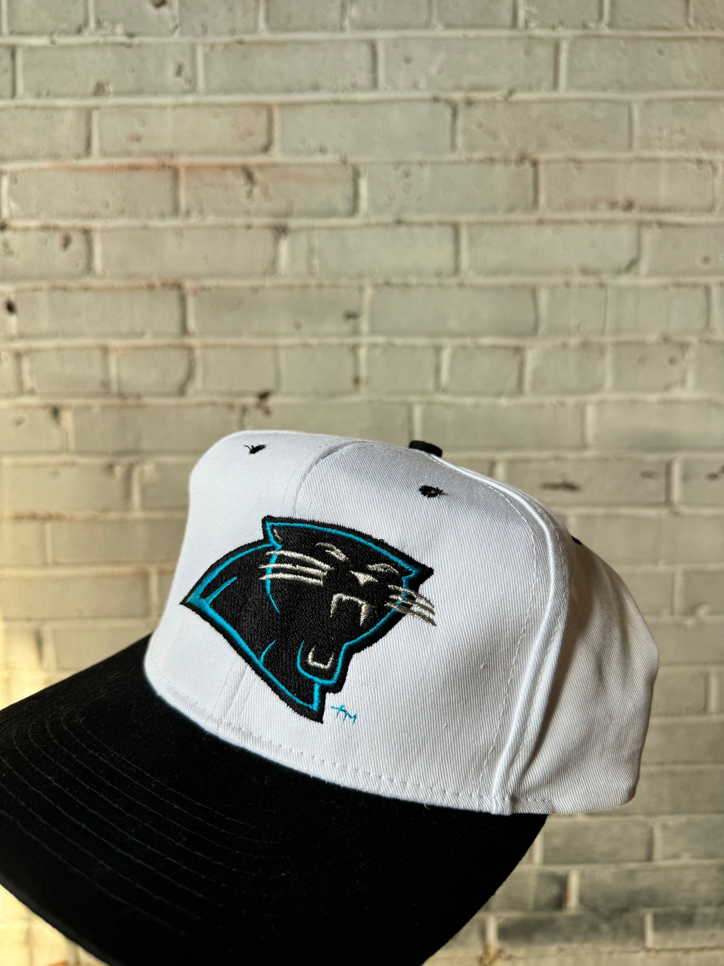 90’s Carolina Panthers Vintage White/Black Big Logo NFL Sideline Style Snapback Hat - Deadstock (OSFA)