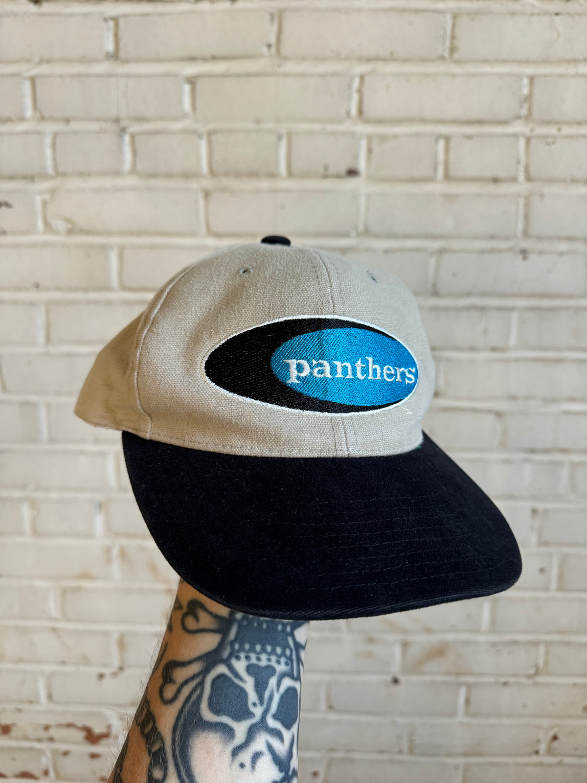 90’s Carolina Panthers Vintage Tan Oval Logo Spellout American Needle Strapback NFL Hat (OSFA)