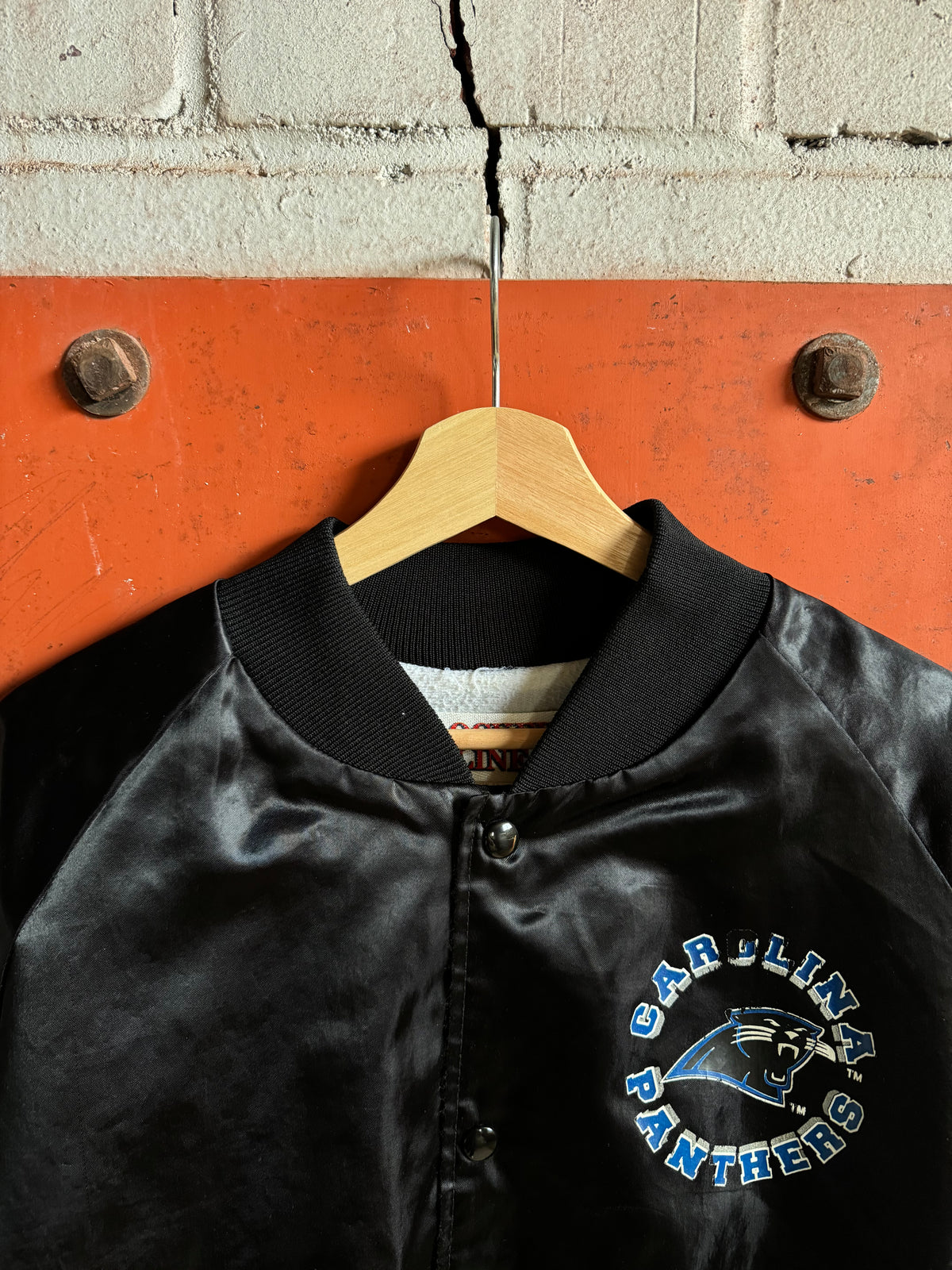 1993 Carolina Panthers Vintage Black Chalkline Sphere Logo NFL Satin Jacket (XL)
