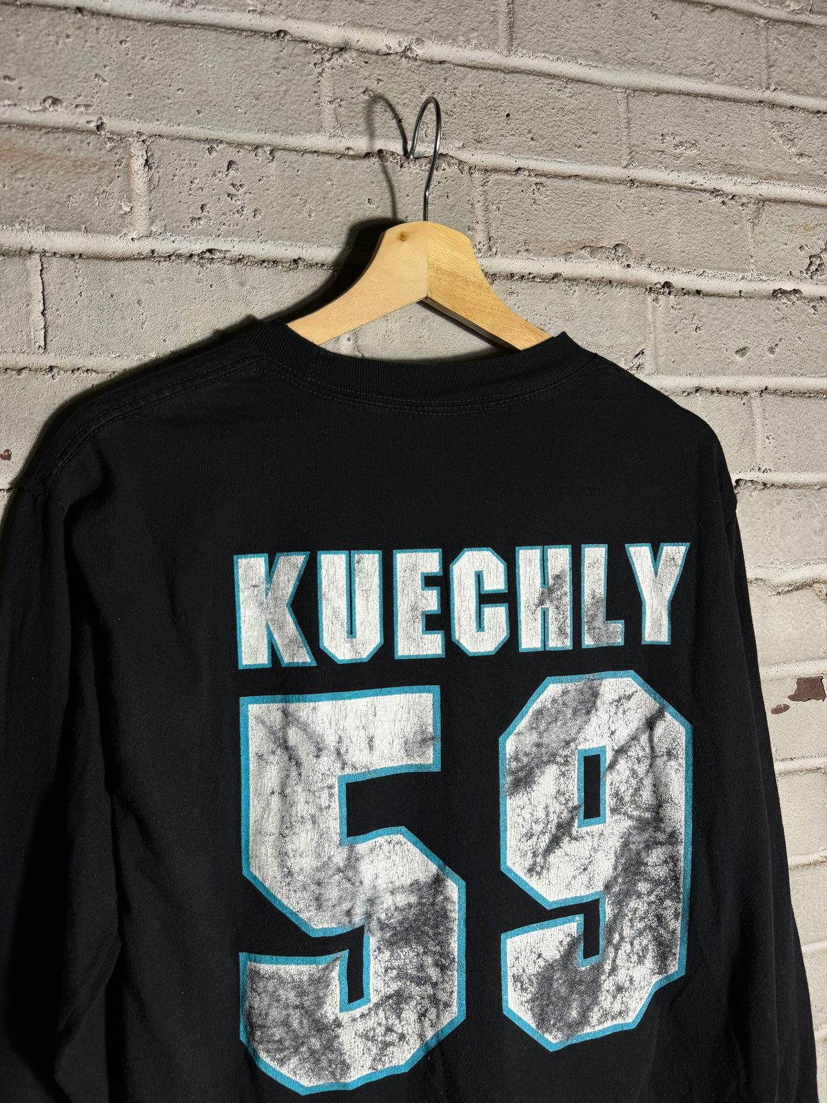 2010’s Carolina Panthers Luke Kuechly “Fear 59” Black NFL Longsleeve Tee (Medium)