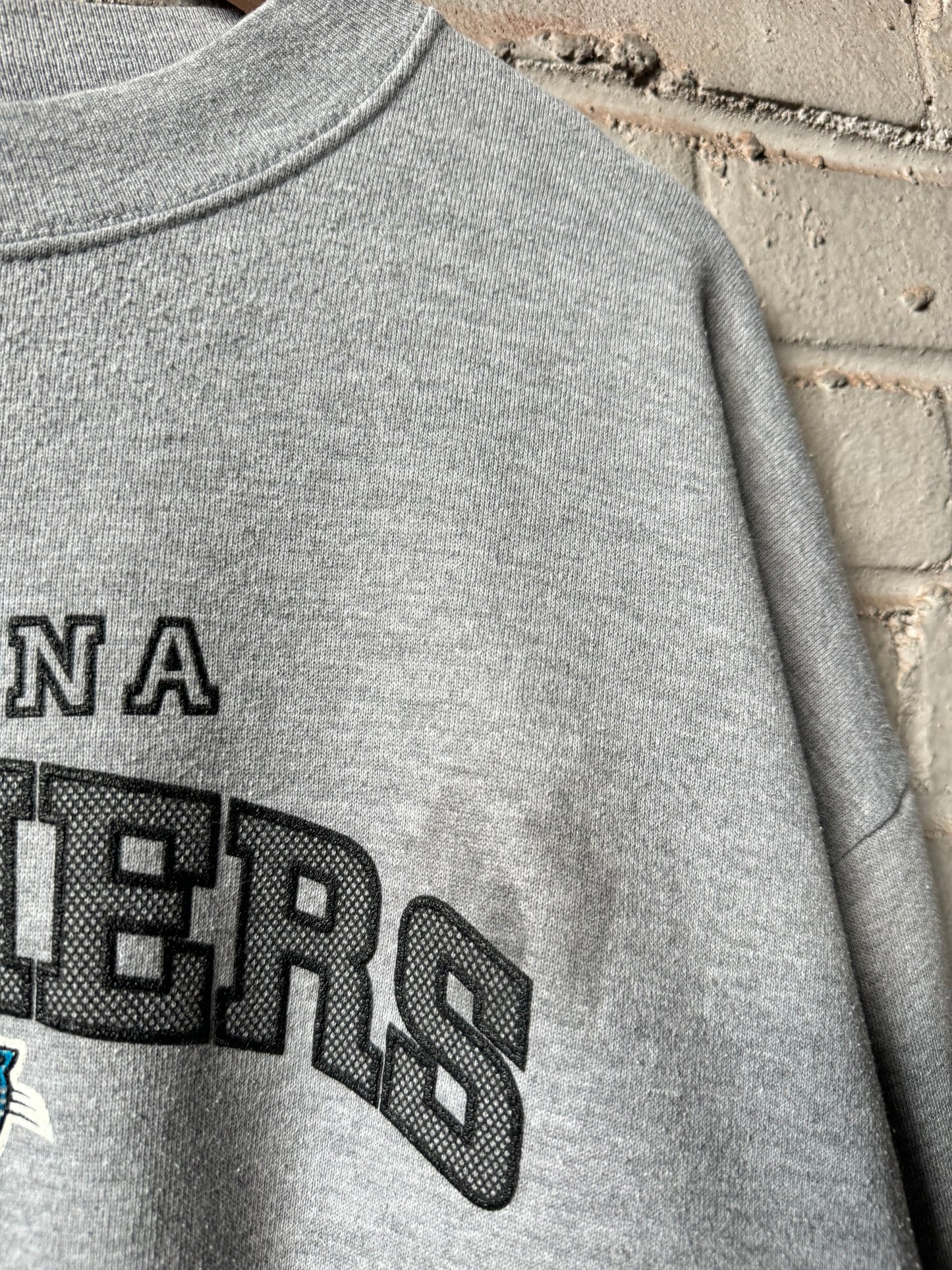 00’s Carolina Panthers Vintage Grey Distressed NFL Spellout Crewneck (XXL)